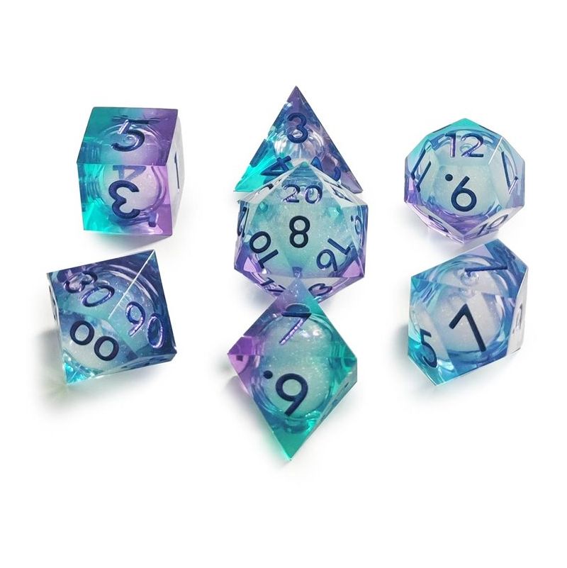 Set de 7 dés Stardust Bleu et Violet paillettes mouvantes