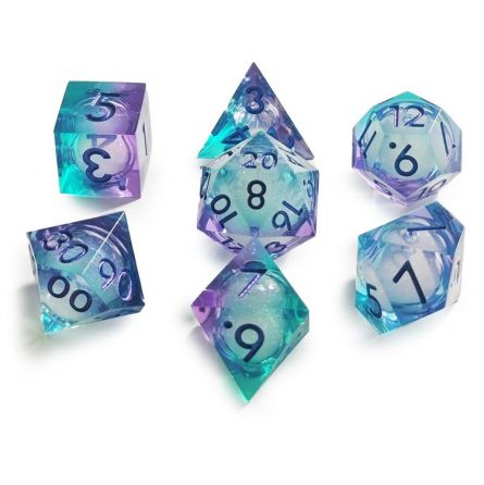 Set de 7 dés Stardust Bleu et Violet paillettes mouvantes